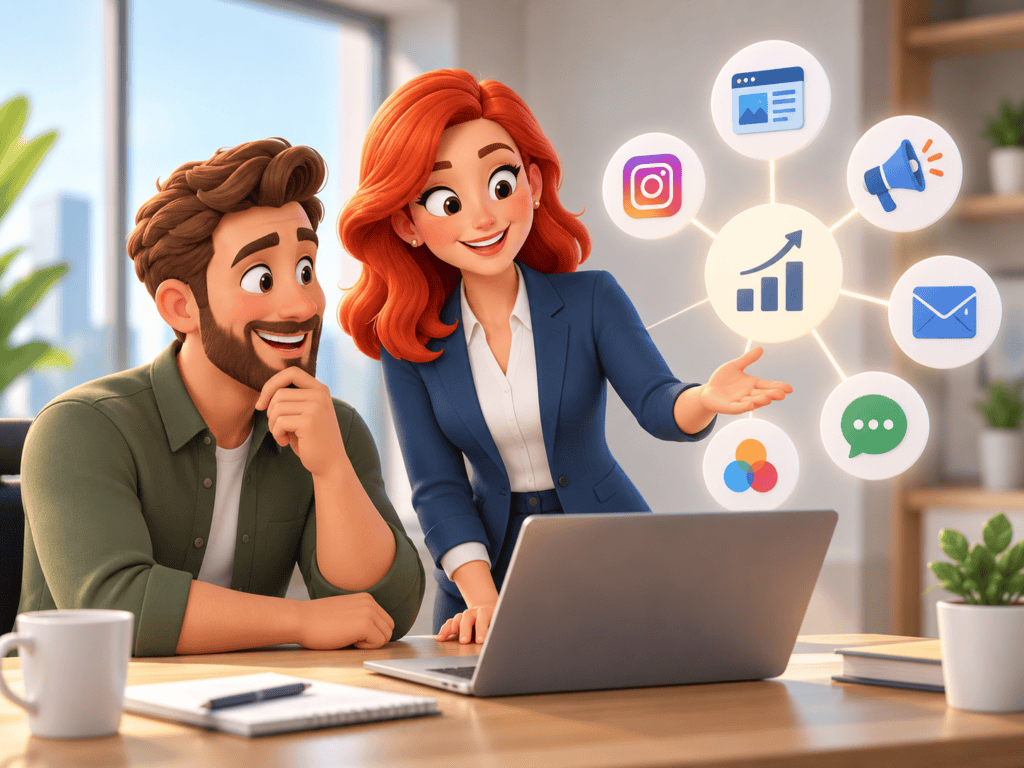 Small business owner reviewing a coordinated marketing strategy with a marketing advisor