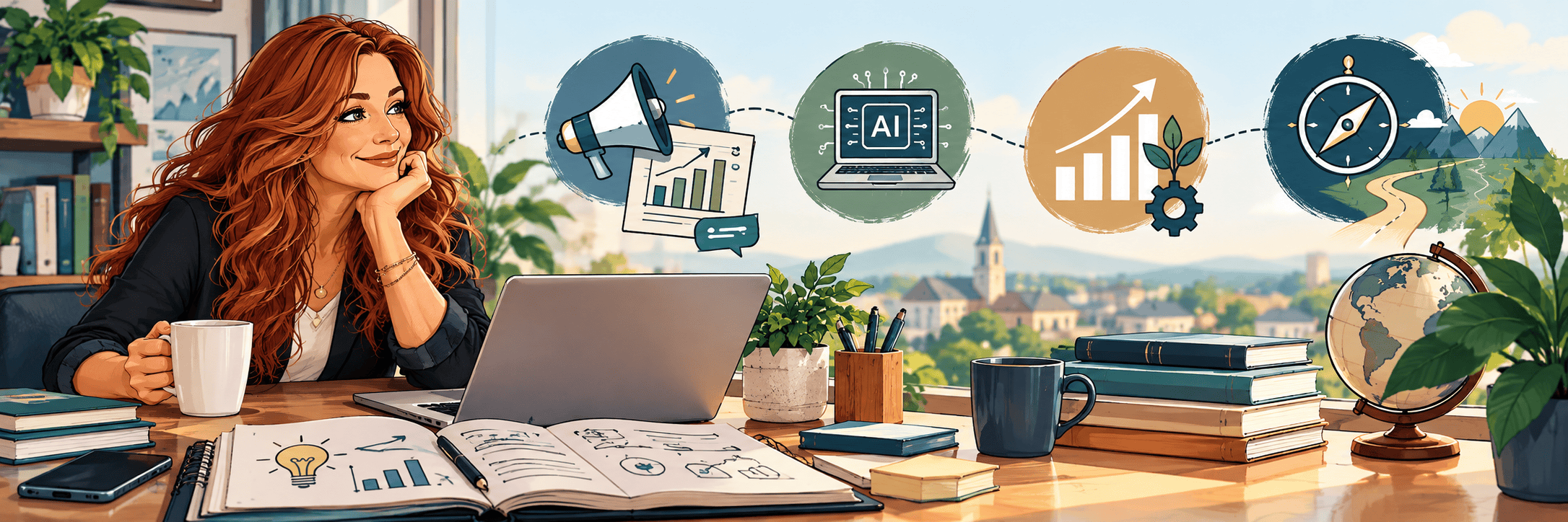 Wright Strategy Services illustration representing marketing strategy, AI and technology, business growth, and future readiness for small-business owners.